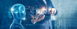 © ipopba - Artificial Intelligence and machine learning, AI, Businessman use data of robots on smartphone to control business network connection and data exchange, Technology innovation for the future