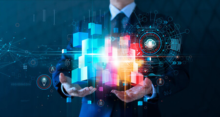 Leinwandbilder - Businessman holding blockchain technology and big data network connecting global network and data exchanges. Online business communication on social network, Financial, Banking and digital marketing.