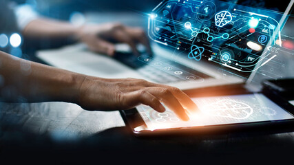 Fototapete - Data scientists. Programmer using laptop and tablet analyzing and development at various information on futuristic virtual interface screen. Algorithm. marketing and  artificial intelligence