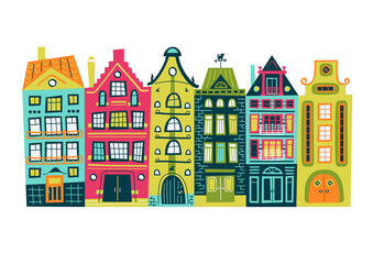  Old town, Europe - vector print, illustration, pattern in hand drawing style 