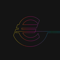 Poster - One line drawing of euro sign, Rainbow colors on black background vector minimalistic linear illustration made of continuous line