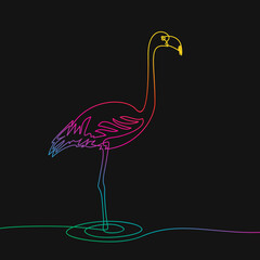 Poster - One line drawing of flamingo, Rainbow colors on black background vector minimalistic linear illustration made of continuous line