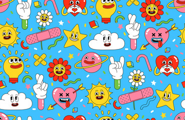 Wall Mural - Cartoon characters background. Seamless pattern with funny stickers and patches in trendy retro cartoon style.