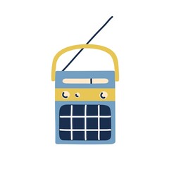 Poster - Retro portable radio with speaker and antenna. Old music receiver with loudspeaker. Small wireless audio equipment in 80s and 90s style. Flat vector illustration isolated on white background