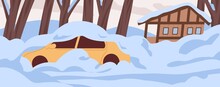 Car and house covered with snow, buried under it. Snowy landscape with auto and home in cold weather. Panorama with snowbanks in frost after snowstorm in December. Flat vector illustration