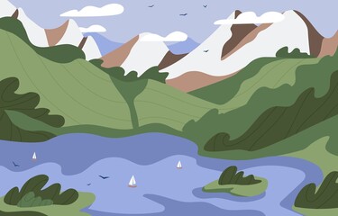 Summer landscape of scenic nature with mountain ridge, hills, green grass and water. Scenery with lake and boats, rocks, sky horizon with birds and clouds. Colored flat vector illustration