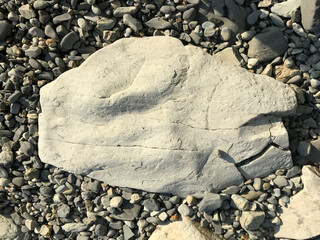 Poster - a large stone lies on a sea pebble on the beach. piece of rock