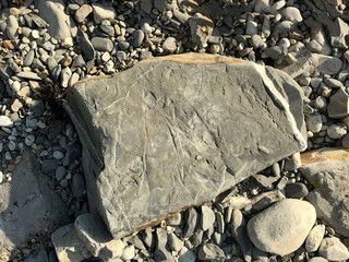 Poster - a large stone lies on a sea pebble on the beach. piece of rock