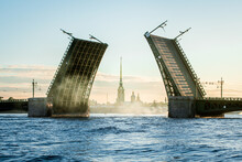 Morning Bridge Opening In Saint Petersburg, Russia