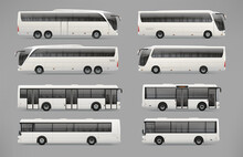 Realistic Vector Passenger Coach Bus Set For Your Mock-up Design. Travel Bus For Brand Identity Design. Side View Realistic Bus Template	