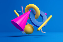 Three Dimensional Render Of Colorful Geometric Shapes Floating Against Blue Background
