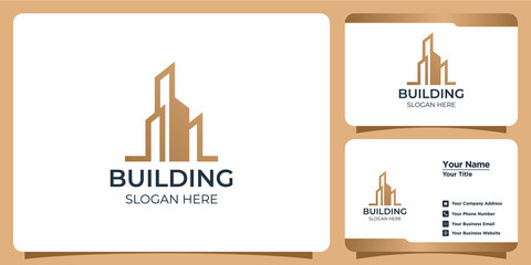 minimalist building logo set with line art style logo design and business card template