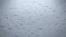 Square, Semigloss Mosaic Tiles Arranged In The Shape Of A Wall. White, Polished, Bricks Stacked To Create A 3D Block Background. 3D Render