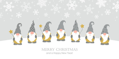 christmas greeting card with cute christmas dwarf and snowy landscape