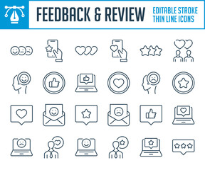 Aufkleber - Feedback, Testimonials and Review thin line icons. Customer service and Client satisfaction outline icon set. Editable stroke icons.