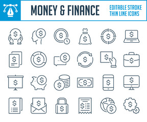 Poster - Money and Payment thin line icons. Money transfer, Finance and Business savings outline icon set. Editable stroke icons.