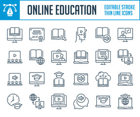 Poster - online education and distance learning thin line icons. study and webinar from a computer, online co