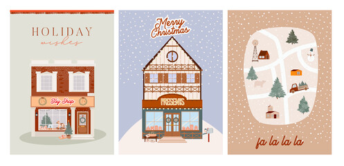 Collection of Christmas greeting cards with cute scandinavian houses with storefront and christmas map with car, houses, animals and tree. Editable vector illustration.