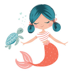 Little mermaid with baby turtle vector illustration, children artworks, greeting cards, prints, t-shirt graphics, wallpapers.