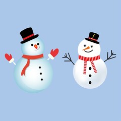 Wall Mural - Christmas element design with two happy snowmen. Winter snowmen design with neck muffler, tree branch, carrot nose, gloves, hat, and buttons. Cute snowman vector design on a blue background.