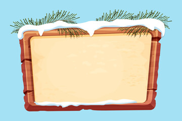 Wall Mural - Wood planks with parchment paper, snow and pine branches in cartoon style isolated on white background. Frame, holiday panel, menu. Empty gui asset, signboard. Vector illustration