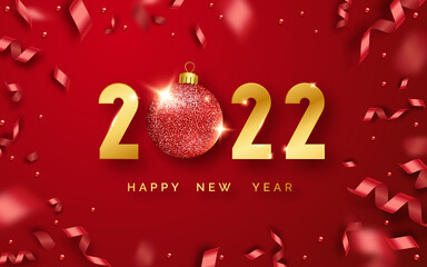 Wall Mural - Happy New Year 2022. Background with shining numerals, balls and ribbons. New year and Christmas card illustration on red background. Holiday illustration of golden numbers 2022