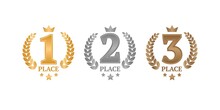 Vector Set Of Emblems For Awards. First, Second, Third Places. Gold, Silver, Bronze Awards. Awards With Branches, Crown, Number And Stars.