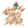Cute Christmas bunnies with mistletoe and lights