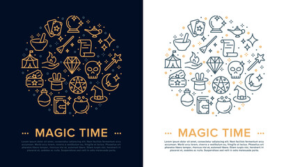 Magic icon. Vector infographic illustration of line magic and circus icons with wand, wizard, magic hat, broom, spell book, fantasy, rabbit, magical sphere. Magician tools for web design, apps.