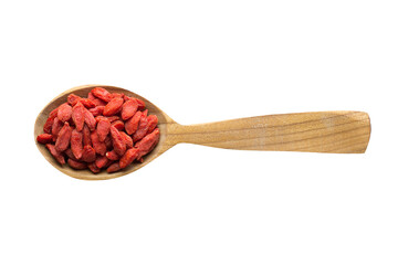 Wall Mural - goji berry in wooden spoon isolated on white background. spice for cooking food, top view.