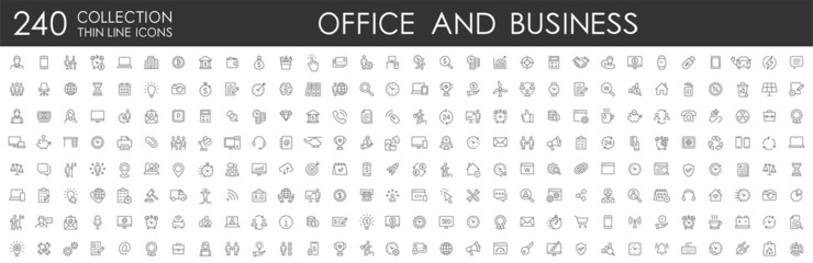 Set 240 Office and Business thin line web icons. Outline icons collection. Business, Marketing, Banking, SEO, Teamwork and other symbols. Office management sumbols.
