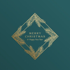 Wall Mural - Christmas Greetings Golden Glitter Rhombus Frame Banner with Modern Typography and Hand Drawn Spruce Branches. Premium Quality New Year Sketch Card Layout. Winter Holiday Emblem Concept. Isolated