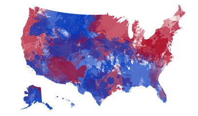 Watercolor painted map of USA blue red white color background