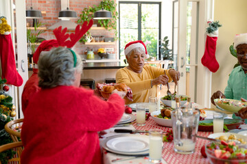 Wall Mural - Diverse group of happy senior friends in holiday hats celebrating christmas together at home