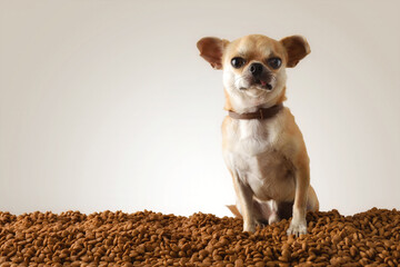 Wall Mural - Chihuahua on pile of dry dog food looking gray background