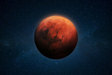 Red Planet Mars In Deep Outer Space With Stars. Space Wallpaper