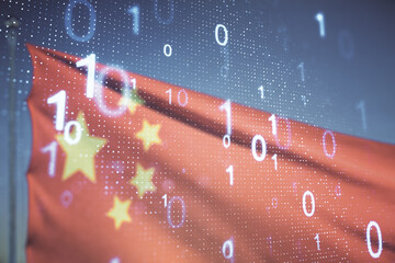 Poster - Abstract virtual binary code sketch on flag of China and blue sky background, hacking and matrix concept. Multiexposure