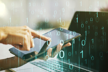 Leinwandbilder - Creative concept of binary code illustration and finger clicks on a digital tablet on background. Big data and coding concept. Multiexposure