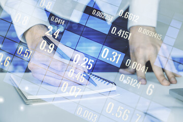 Poster - Multi exposure of abstract statistics data hologram interface with hand writing in notepad on background with laptop, computing and analytics concept
