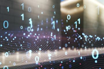 Aufkleber - Abstract virtual binary code hologram on blurry contemporary office building background, AI and machine learning concept. Multiexposure