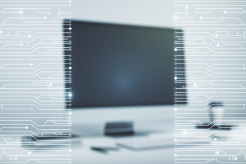 Aufkleber - Creative abstract micro chip hologram on modern computer background, artificial intelligence and machine learning concept. Multi exposure