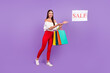 © deagreez - Photo of promoter lady hold store package show sale card wear white blouse pants shoes isolated purple color background