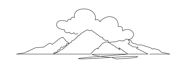 Wall Mural - Mountain landscape continuous one line vector drawing. Mount Fuji hand drawn silhouette. Nature, rock panoramic sketch. Minimalistic contour illustration.