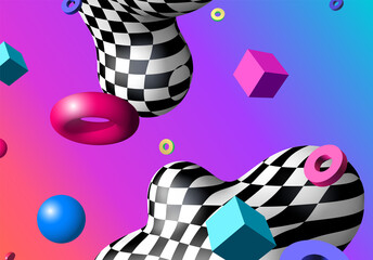 Poster - Abstract background with flying colorful 3D geometric shapes over vibrant gradient backdrop. Lush and bold colored abstraction with checkered shape in 90s style.
