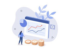 Character Analyzing Financial Data And Planning Investment Strategy. People Examining Graphs, Charts And Diagrams. Financial Research Concept. Flat Isometric Vector Illustration.