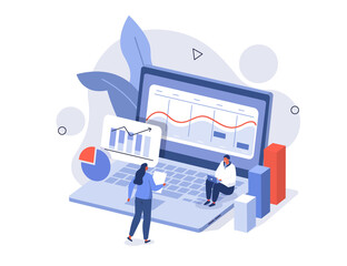 Characters analyzing stock market data and planning investment strategy. People examining financial graphs, charts and diagrams. Stock trading concept. Flat isometric vector illustration isolated.