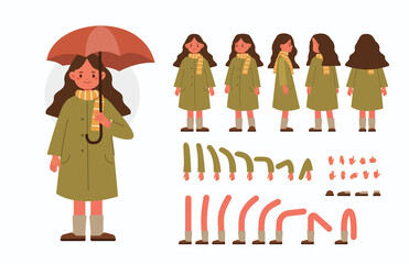 Wall Mural - cute girl wearing autumn clothes and holding umbrella. character constructor for animation. front, s
