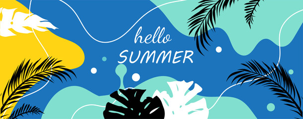 Colorful summer background layout design with hello summer lettering. Concept of horizontal poster, greeting card, header for website or social media. Flat cartoon vector illustration