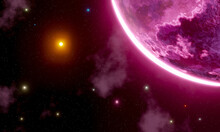Universum Mit Planet In Pink. Sterne In Blau, Gelb, Orange, Weiss Und Gaswolken Umgeben Den Planeten. Futuristisches Galaxie Konzept. 3D Illustration. 