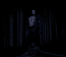 Illustration Of A Bigfoot With Its Foot On A Tree Stump Against A Forest Background